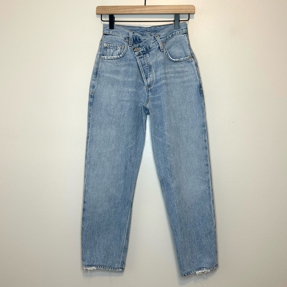 🩵 AGOLDE Criss Cross Front Upsized High Rise Light Medium Wash Jeans 22 - Picture 2 of 16